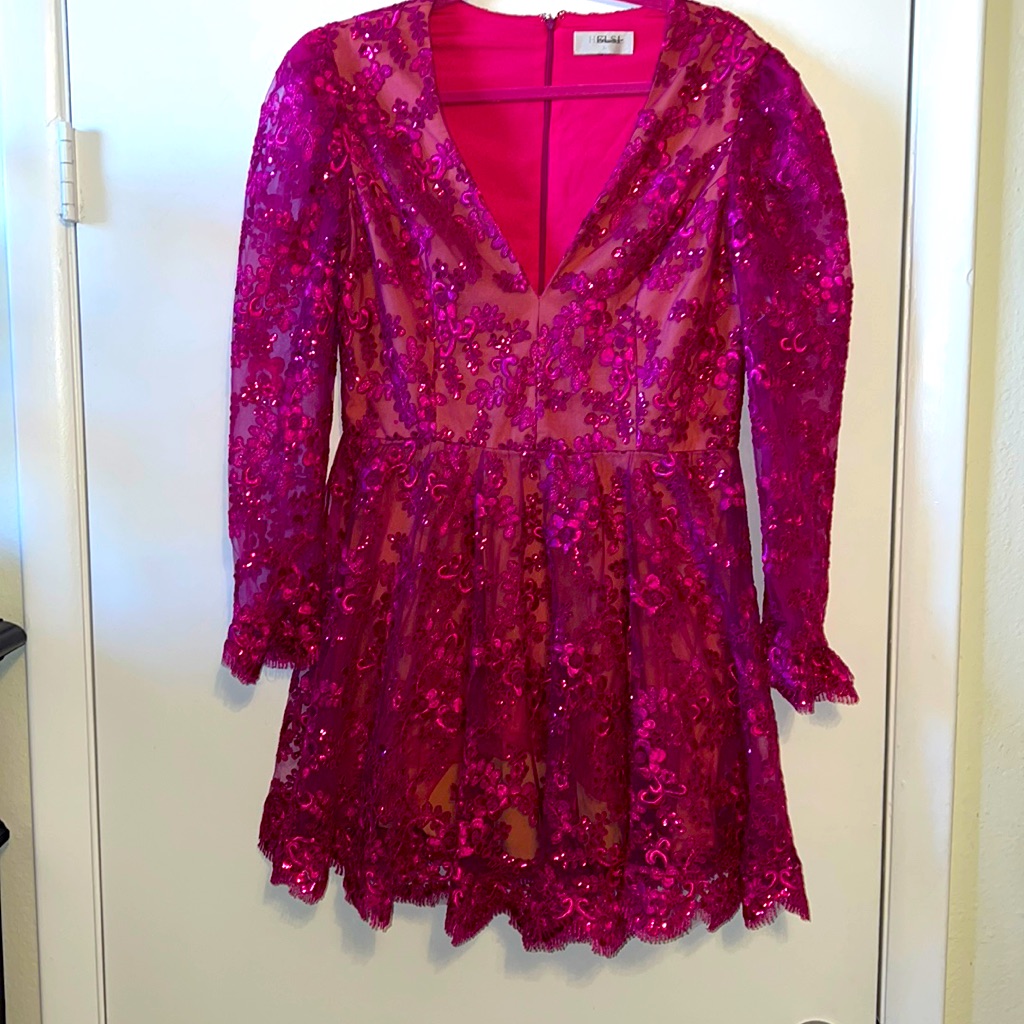$385 Helsi Women's Pink Lily Embroidered Sequin Long Sleeve Mini Dress Size L
